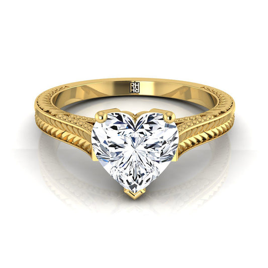 Hand-Engraved Vintage Cathedral Solitaire Heart Shape, in 18K Yellow Gold, prong setting | RockHer
