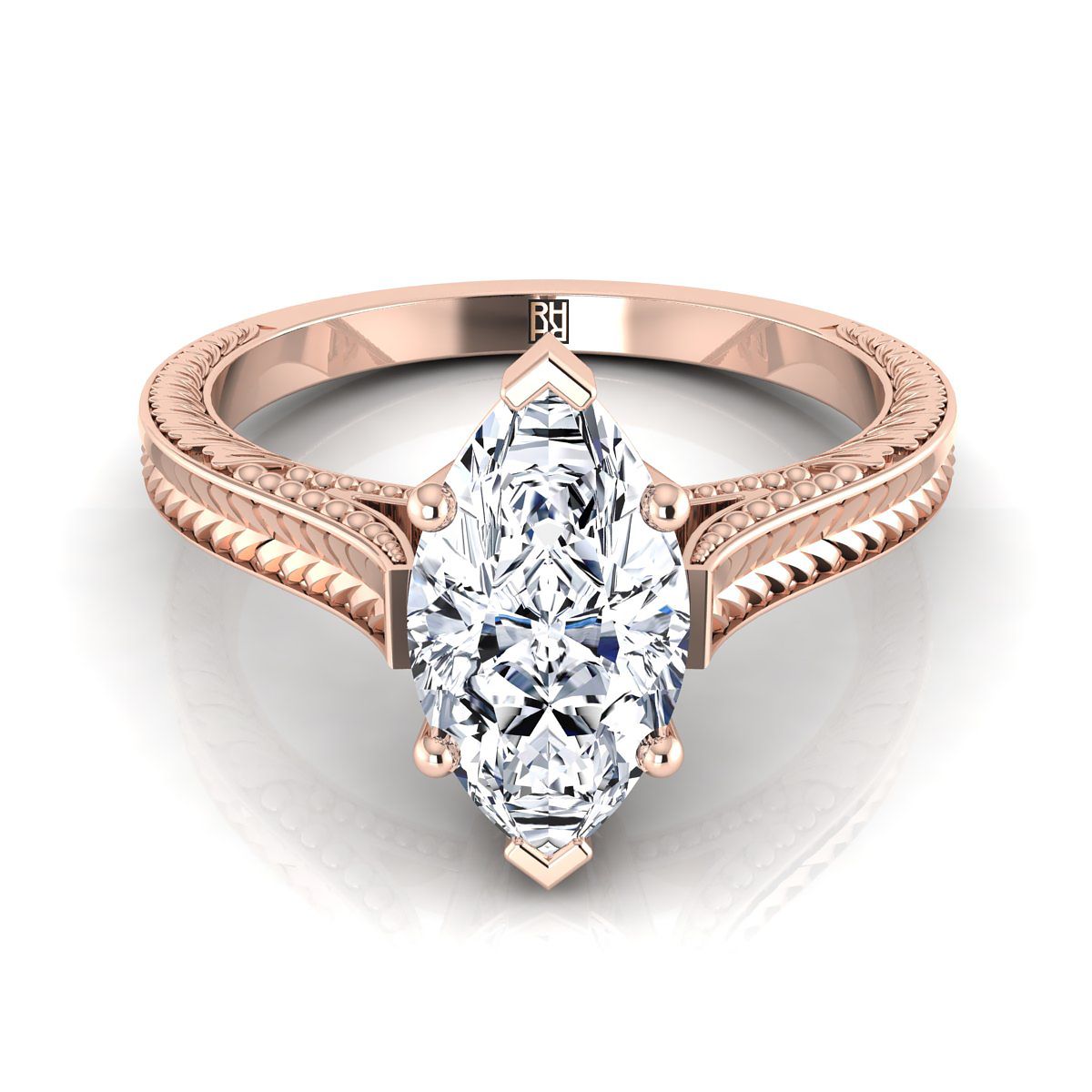 Hand-Engraved Vintage Cathedral Solitaire Marquise, in 14K Rose Gold, prong setting | RockHer