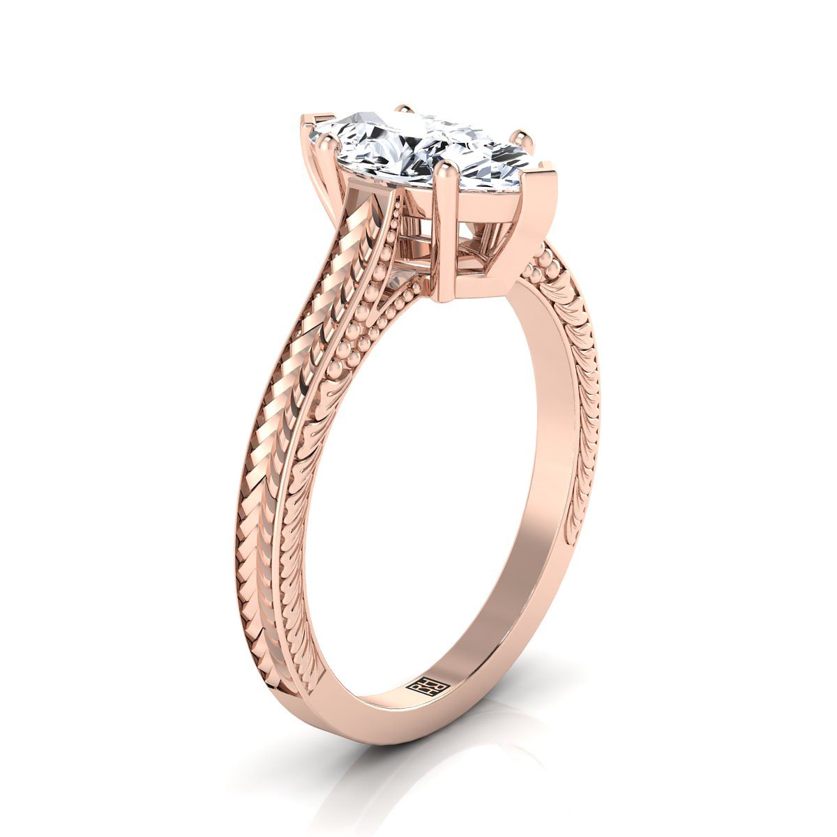 Hand-Engraved Vintage Cathedral Solitaire Marquise, in 14K Rose Gold, prong setting – side profile | RockHer