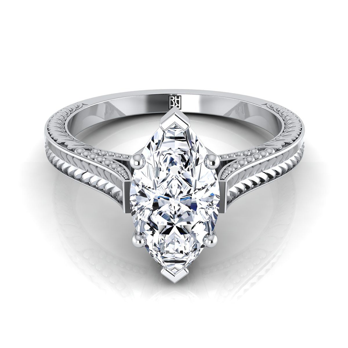 Hand-Engraved Vintage Cathedral Solitaire Marquise, in Platinum, prong setting | RockHer