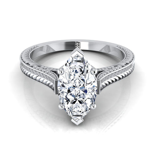 Hand-Engraved Vintage Cathedral Solitaire Marquise, in Platinum, prong setting | RockHer