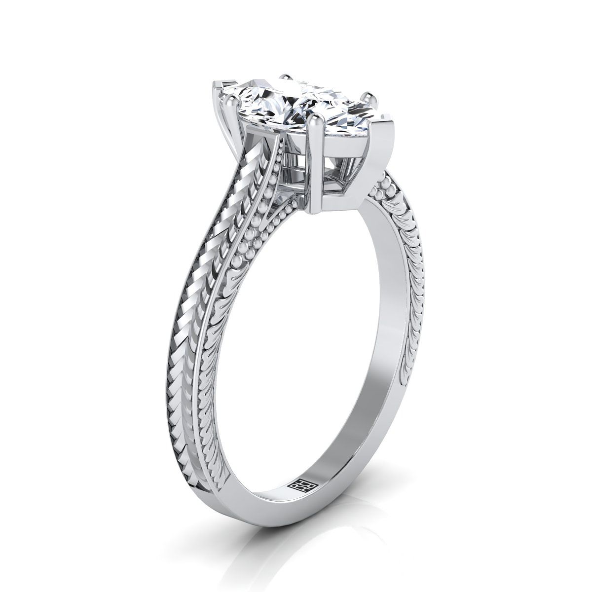 Hand-Engraved Vintage Cathedral Solitaire Marquise, in Platinum, prong setting – side profile | RockHer