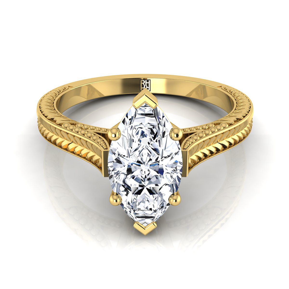 Hand-Engraved Vintage Cathedral Solitaire Marquise, in 18K Yellow Gold, prong setting | RockHer