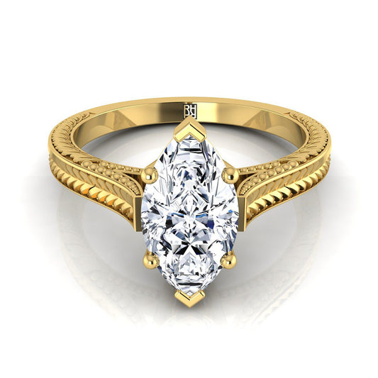 Hand-Engraved Vintage Cathedral Solitaire Marquise, in 18K Yellow Gold, prong setting | RockHer
