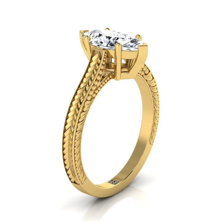 Hand-Engraved Vintage Cathedral Solitaire Marquise, in 18K Yellow Gold, prong setting – side profile | RockHer