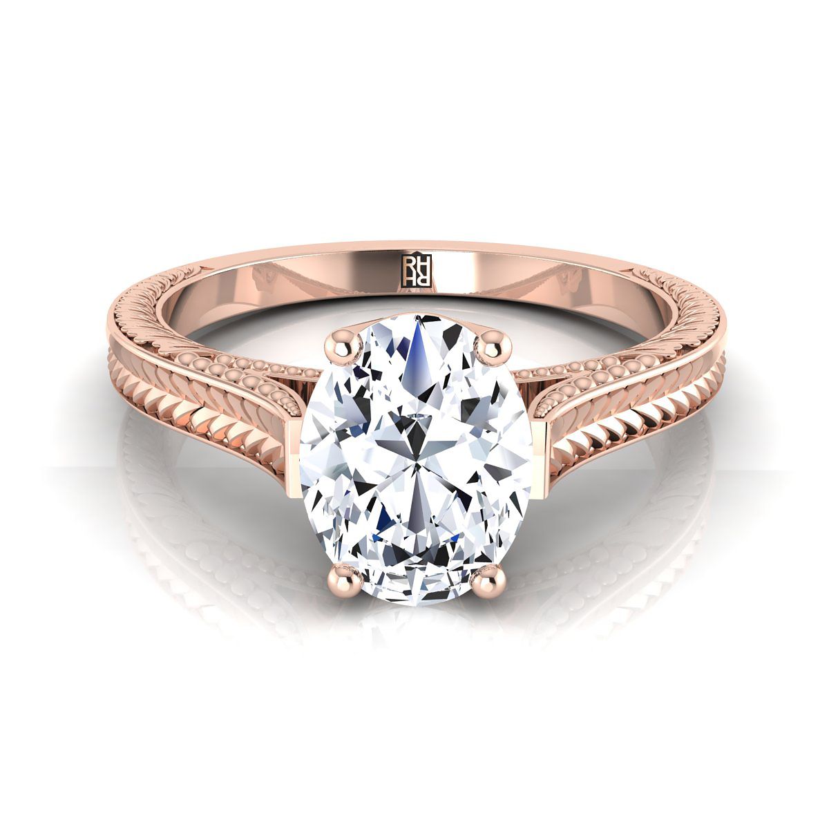 Hand-Engraved Vintage Cathedral Solitaire Oval, in 14K Rose Gold, prong setting | RockHer