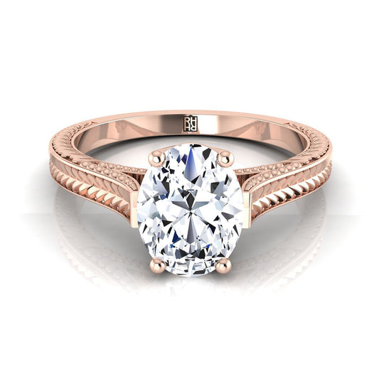 Hand-Engraved Vintage Cathedral Solitaire Oval, in 14K Rose Gold, prong setting | RockHer