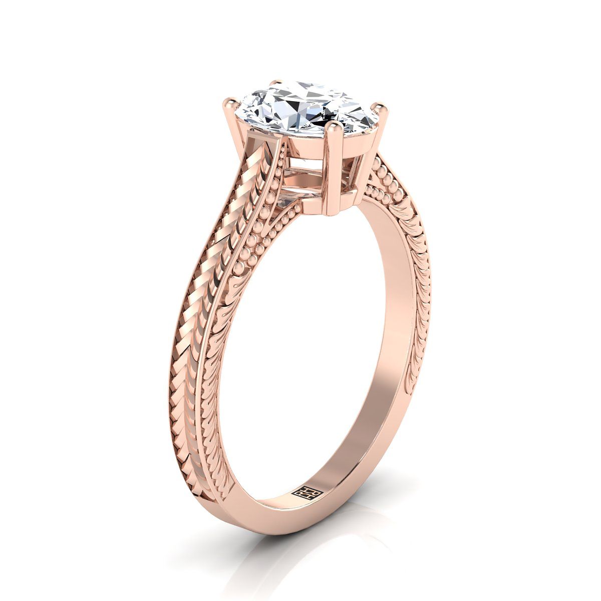 Hand-Engraved Vintage Cathedral Solitaire Oval, in 14K Rose Gold, prong setting – side profile | RockHer