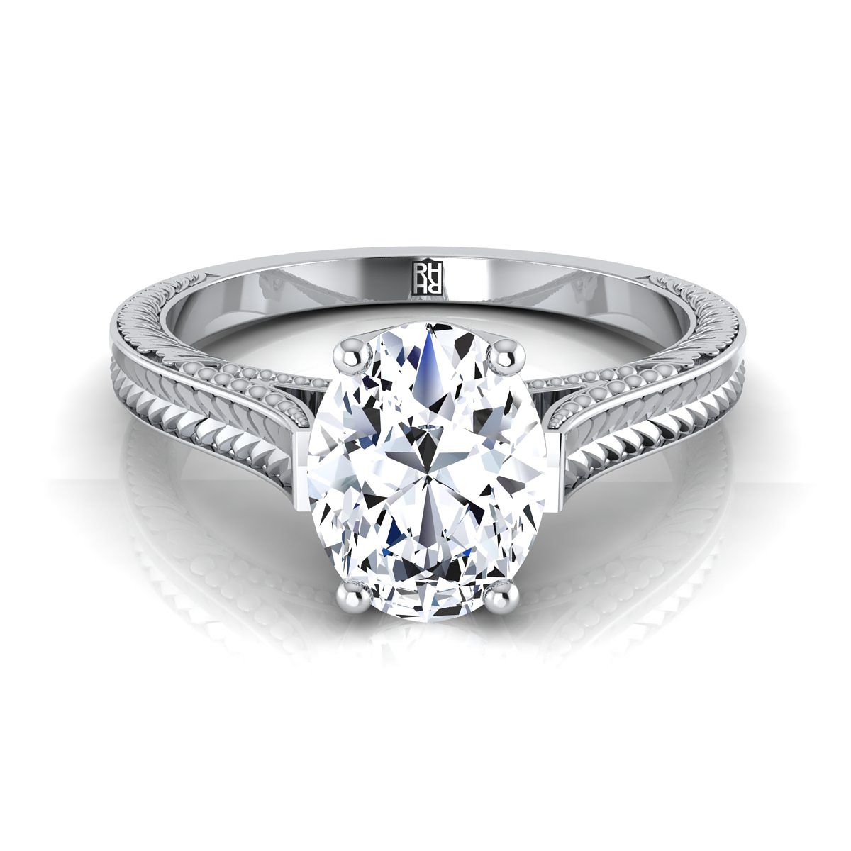 Hand-Engraved Vintage Cathedral Solitaire Oval, in 18K White Gold, prong setting | RockHer