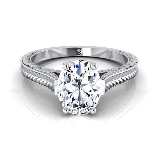 Hand-Engraved Vintage Cathedral Solitaire Oval, in 18K White Gold, prong setting | RockHer