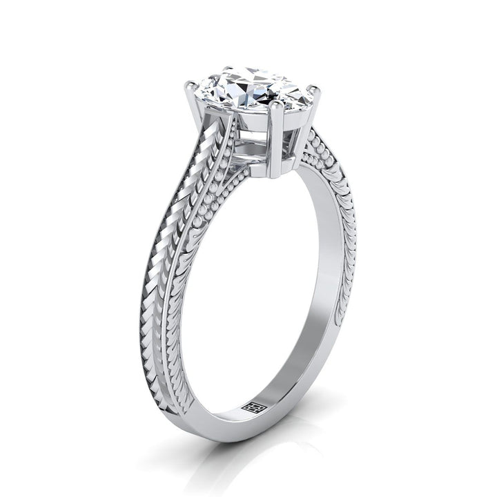 Hand-Engraved Vintage Cathedral Solitaire Oval, in 18K White Gold, prong setting – side profile | RockHer