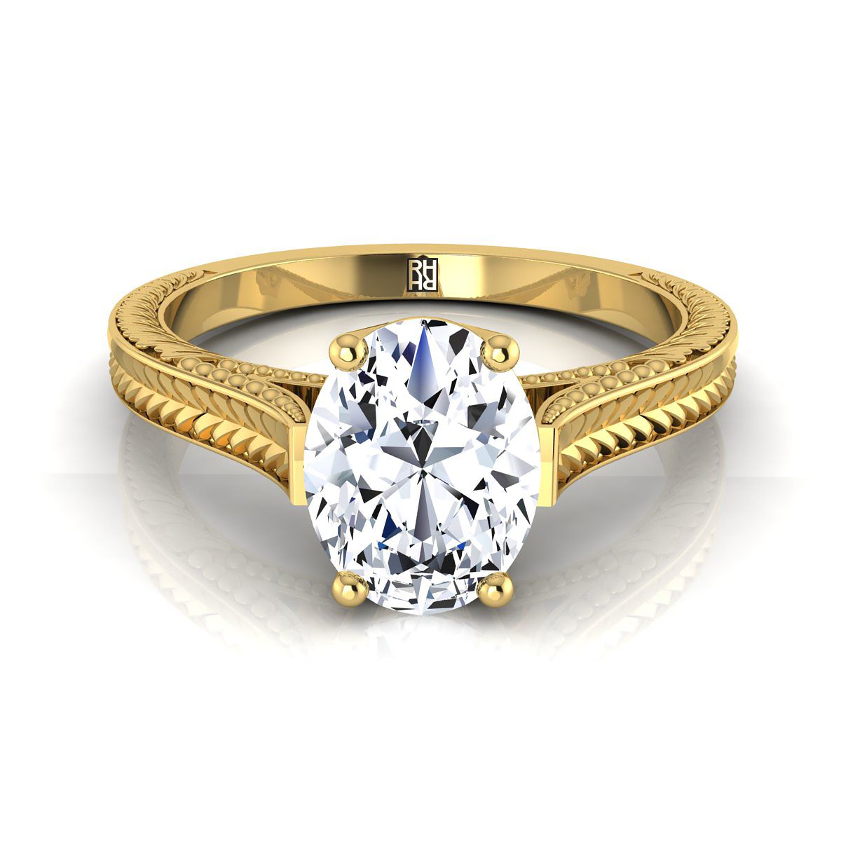 Hand-Engraved Vintage Cathedral Solitaire Oval, in 18K Yellow Gold, prong setting | RockHer
