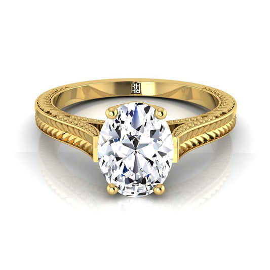 Hand-Engraved Vintage Cathedral Solitaire Oval, in 18K Yellow Gold, prong setting | RockHer