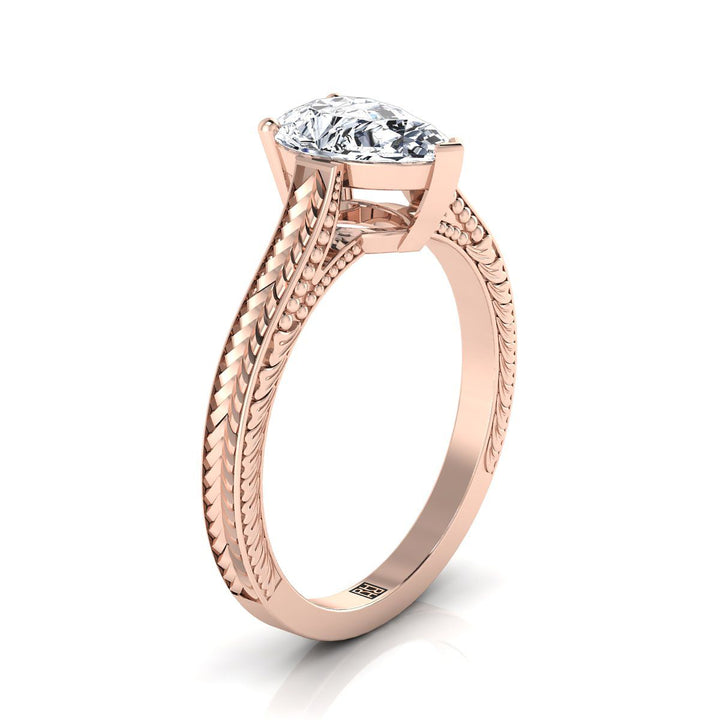 Hand-Engraved Vintage Cathedral Solitaire Pear Shape, in 14K Rose Gold, prong setting – side profile | RockHer
