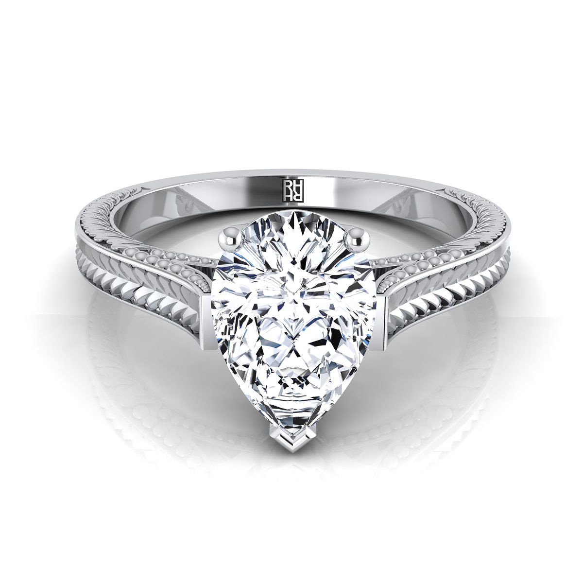 Hand-Engraved Vintage Cathedral Solitaire Pear Shape, in 18K White Gold, prong setting | RockHer