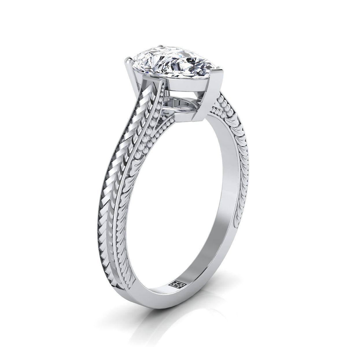 Hand-Engraved Vintage Cathedral Solitaire Pear Shape, in 18K White Gold, prong setting – side profile | RockHer