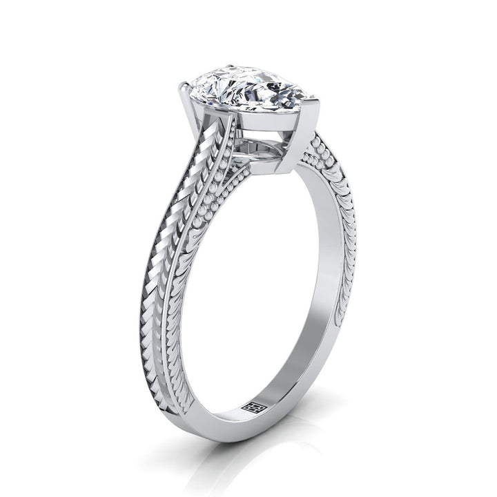 Hand-Engraved Vintage Cathedral Solitaire Pear Shape, in 18K White Gold, prong setting – side profile | RockHer
