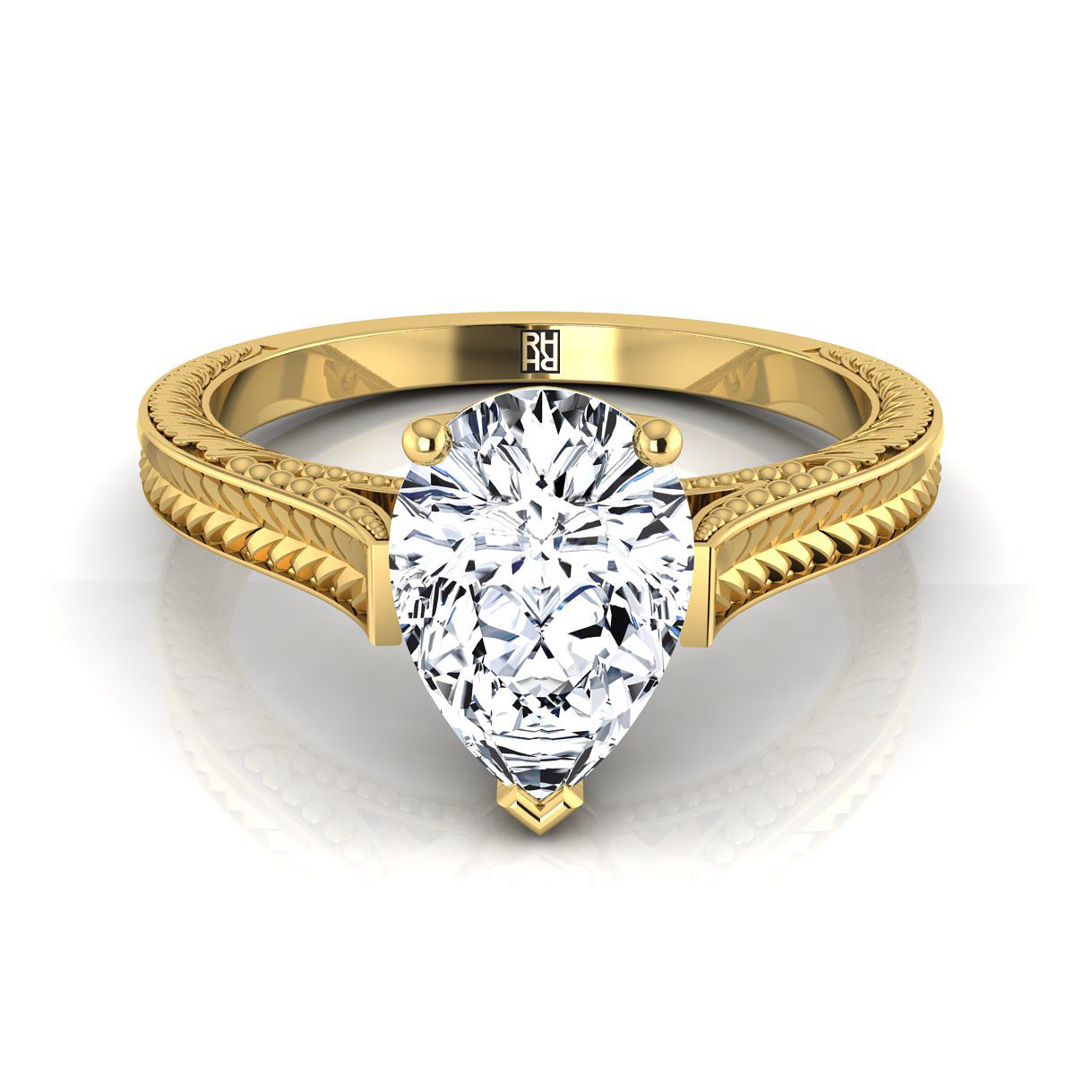 Hand-Engraved Vintage Cathedral Solitaire Pear Shape, in 18K Yellow Gold, prong setting | RockHer
