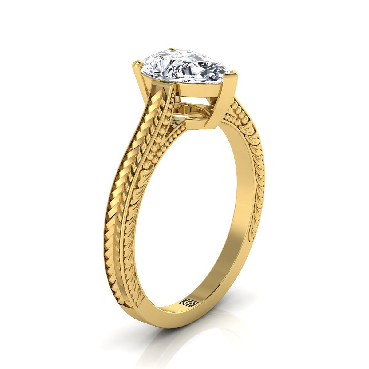 Hand-Engraved Vintage Cathedral Solitaire Pear Shape, in 18K Yellow Gold, prong setting – side profile | RockHer