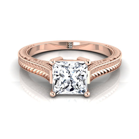 Hand-Engraved Vintage Cathedral Solitaire Princess, in 14K Rose Gold, prong setting | RockHer
