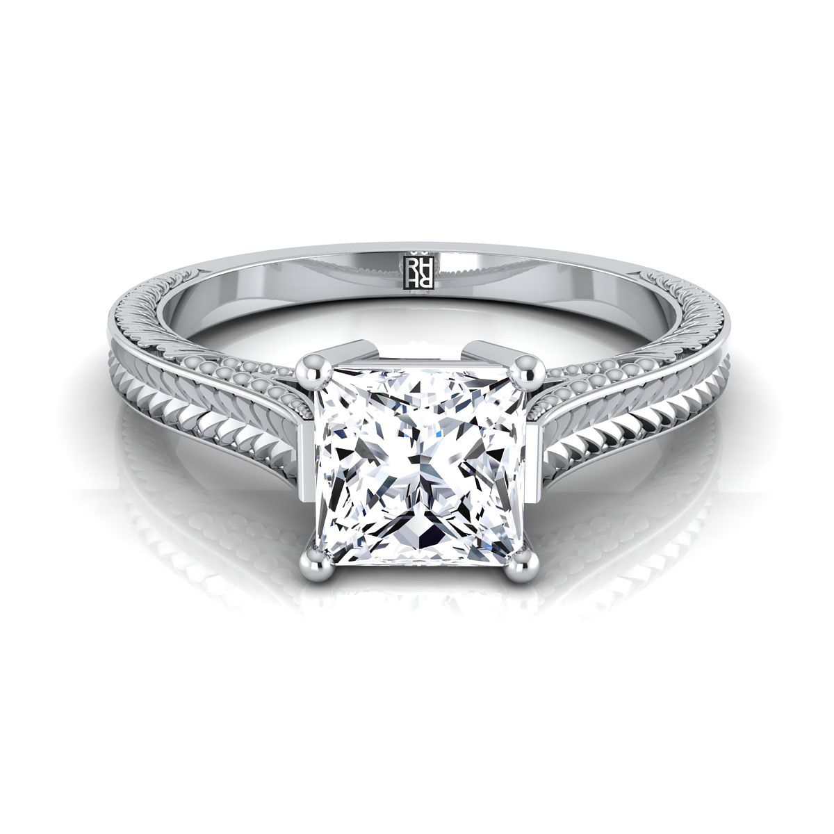 14K White Gold Princess Cut  Hand Engraved Vintage Cathedral Style Solitaire Engagement Ring