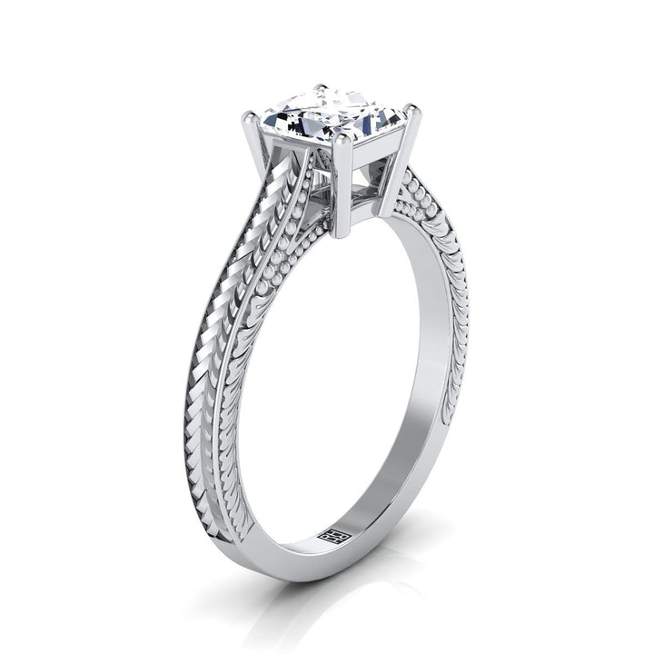 Hand-Engraved Vintage Cathedral Solitaire Princess, in 18K White Gold, prong setting – side profile | RockHer