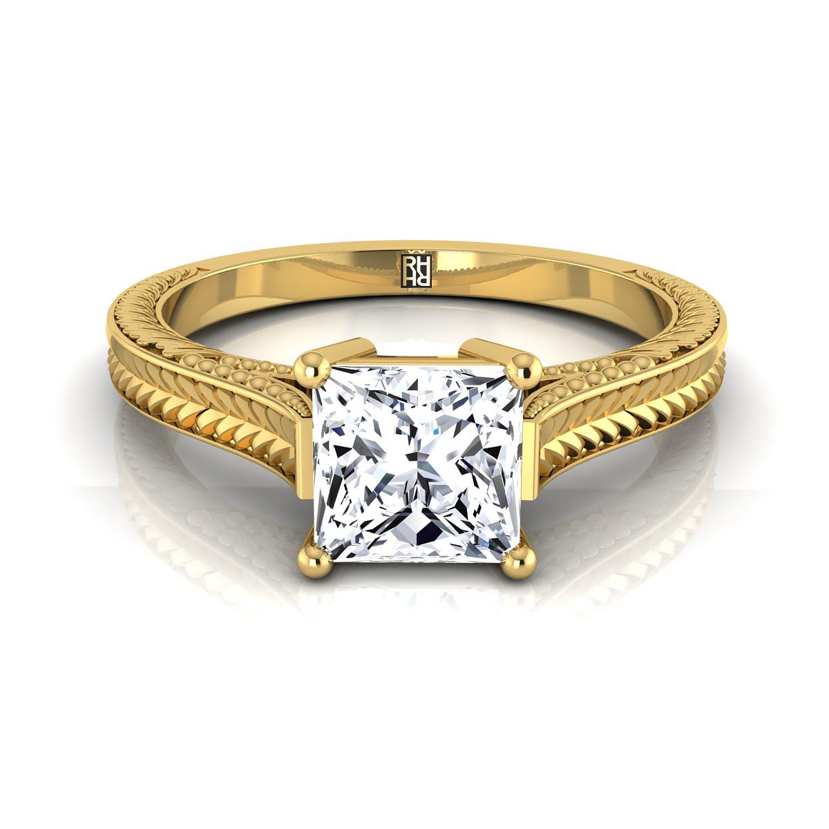 Hand-Engraved Vintage Cathedral Solitaire Princess, in 18K Yellow Gold, prong setting | RockHer