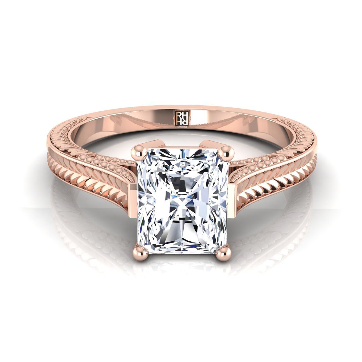 Hand-Engraved Vintage Cathedral Solitaire Radiant, in 14K Rose Gold, prong setting | RockHer