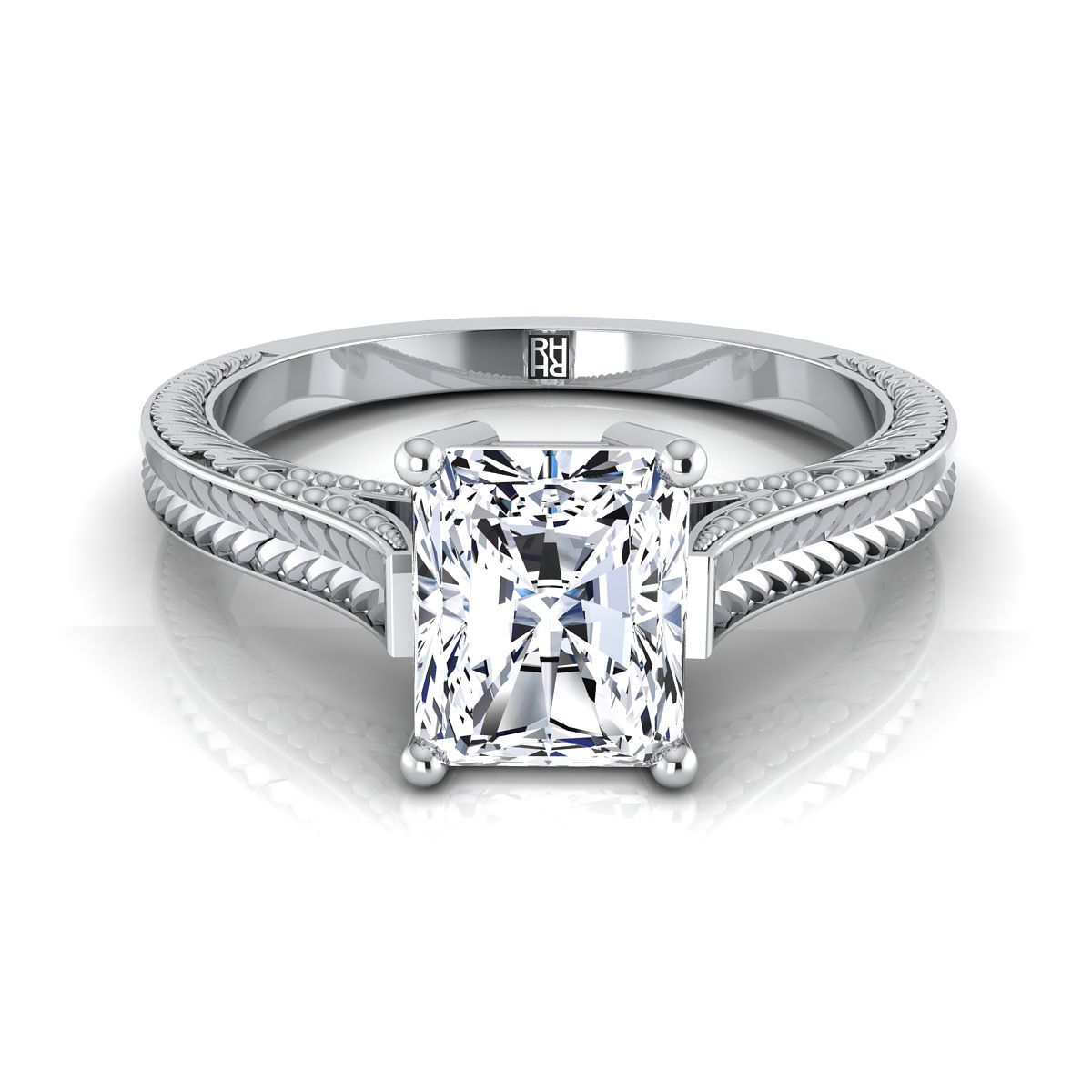 Hand-Engraved Vintage Cathedral Solitaire Radiant, in 18K White Gold, prong setting | RockHer