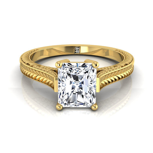 Hand-Engraved Vintage Cathedral Solitaire Radiant, in 18K Yellow Gold, prong setting | RockHer