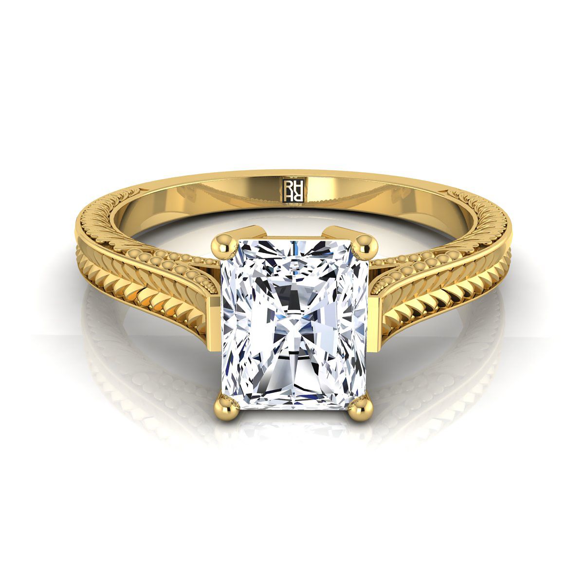 18K Yellow Gold Radiant Cut Center  Hand Engraved Vintage Cathedral Style Solitaire Engagement Ring
