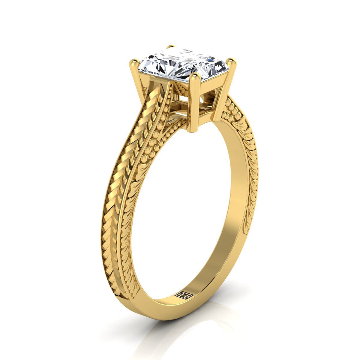 18K Yellow Gold Radiant Cut Center  Hand Engraved Vintage Cathedral Style Solitaire Engagement Ring