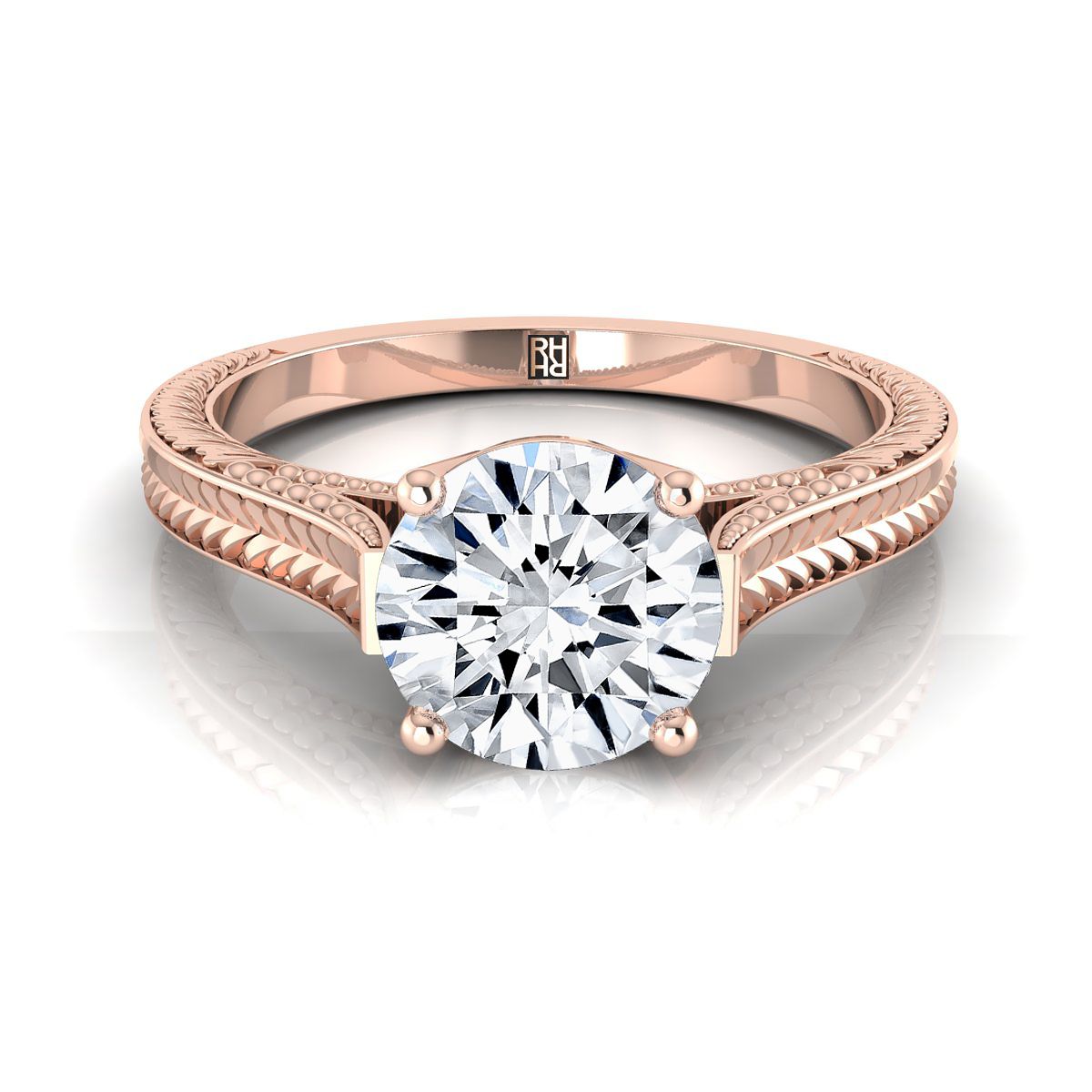 Round Brilliant, Hand-Engraved Vintage Cathedral Solitaire, in 14K Rose Gold, prong setting | RockHer