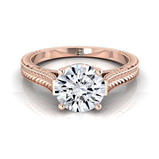 Round Brilliant, Hand-Engraved Vintage Cathedral Solitaire, in 14K Rose Gold, prong setting | RockHer