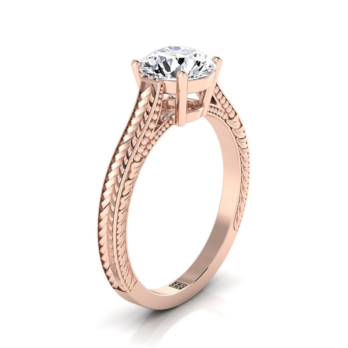 14K Rose Gold Round Brilliant Sapphire Hand Engraved Vintage Cathedral Style Solitaire Engagement Ring