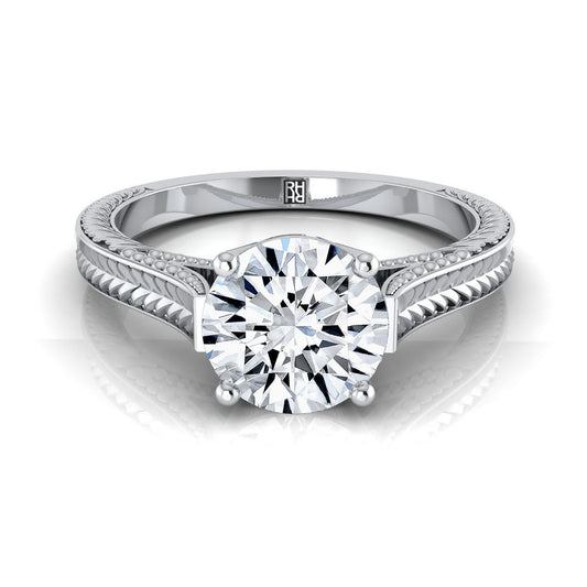 Round Brilliant, Hand-Engraved Vintage Cathedral Solitaire, in Platinum, prong setting | RockHer