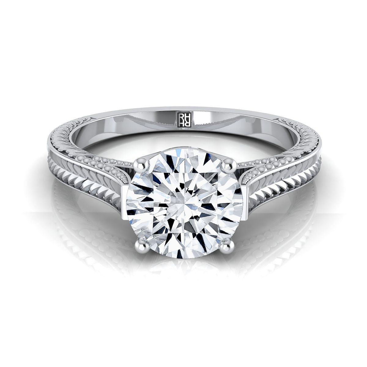 Round Brilliant, Hand-Engraved Vintage Cathedral Solitaire, in 18K White Gold, prong setting | RockHer