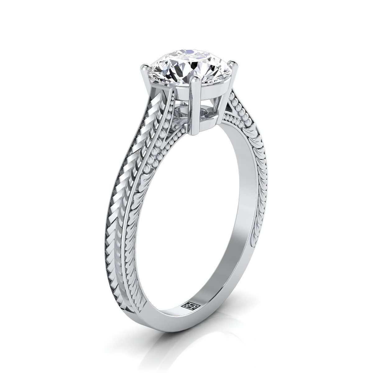 Round Brilliant, Hand-Engraved Vintage Cathedral Solitaire, in Platinum, prong setting – side profile | RockHer