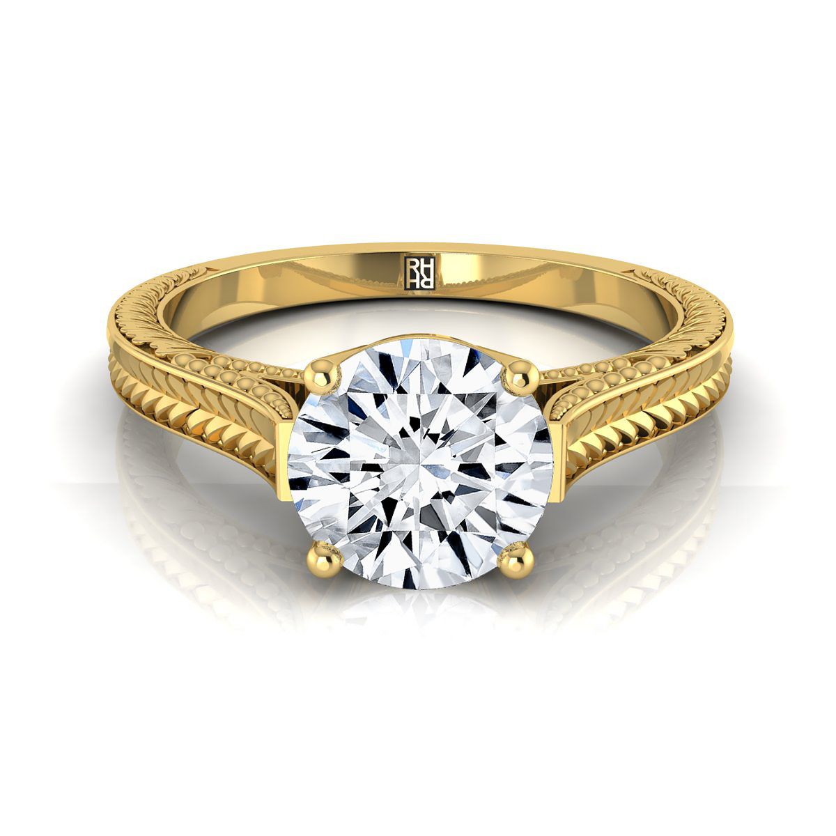 Round Brilliant, Hand-Engraved Vintage Cathedral Solitaire, in 18K Yellow Gold, prong setting | RockHer