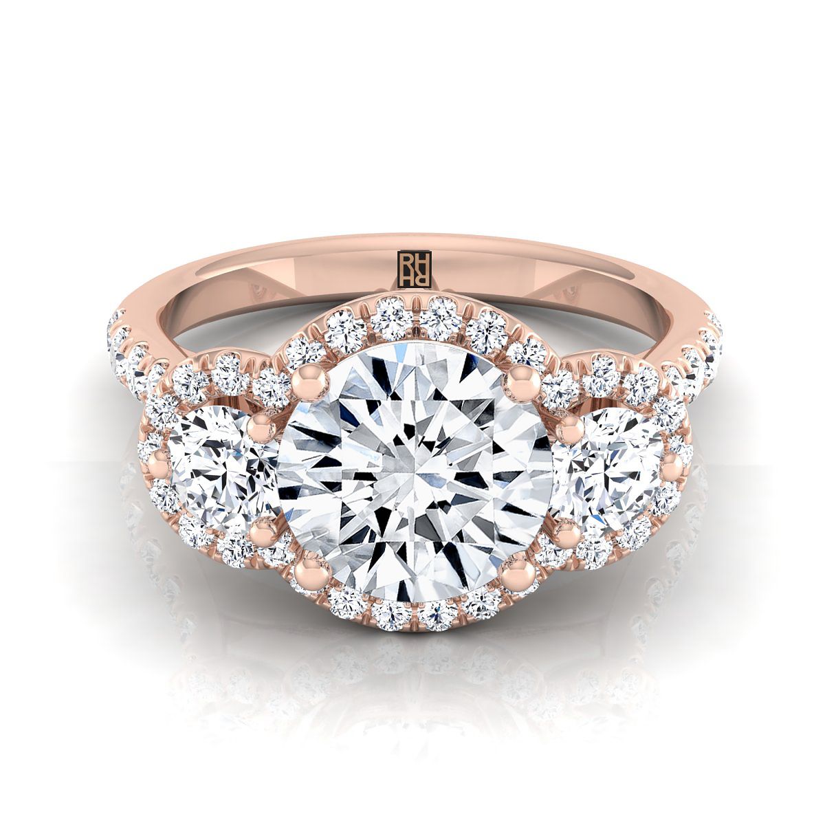 Round Brilliant, Three Stone Halo, in 14K Rose Gold, pave setting – view 8 | RockHer