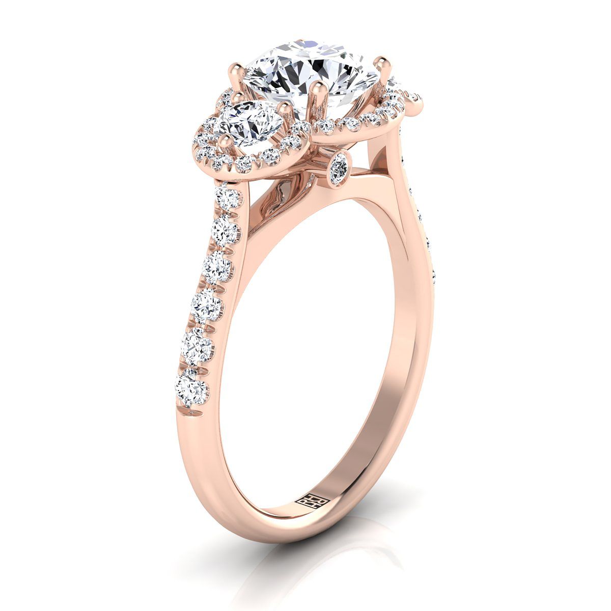 14K Rose Gold Round Brilliant Diamond Timeless Three Stone Halo with French Engagement Ring -3/4ctw