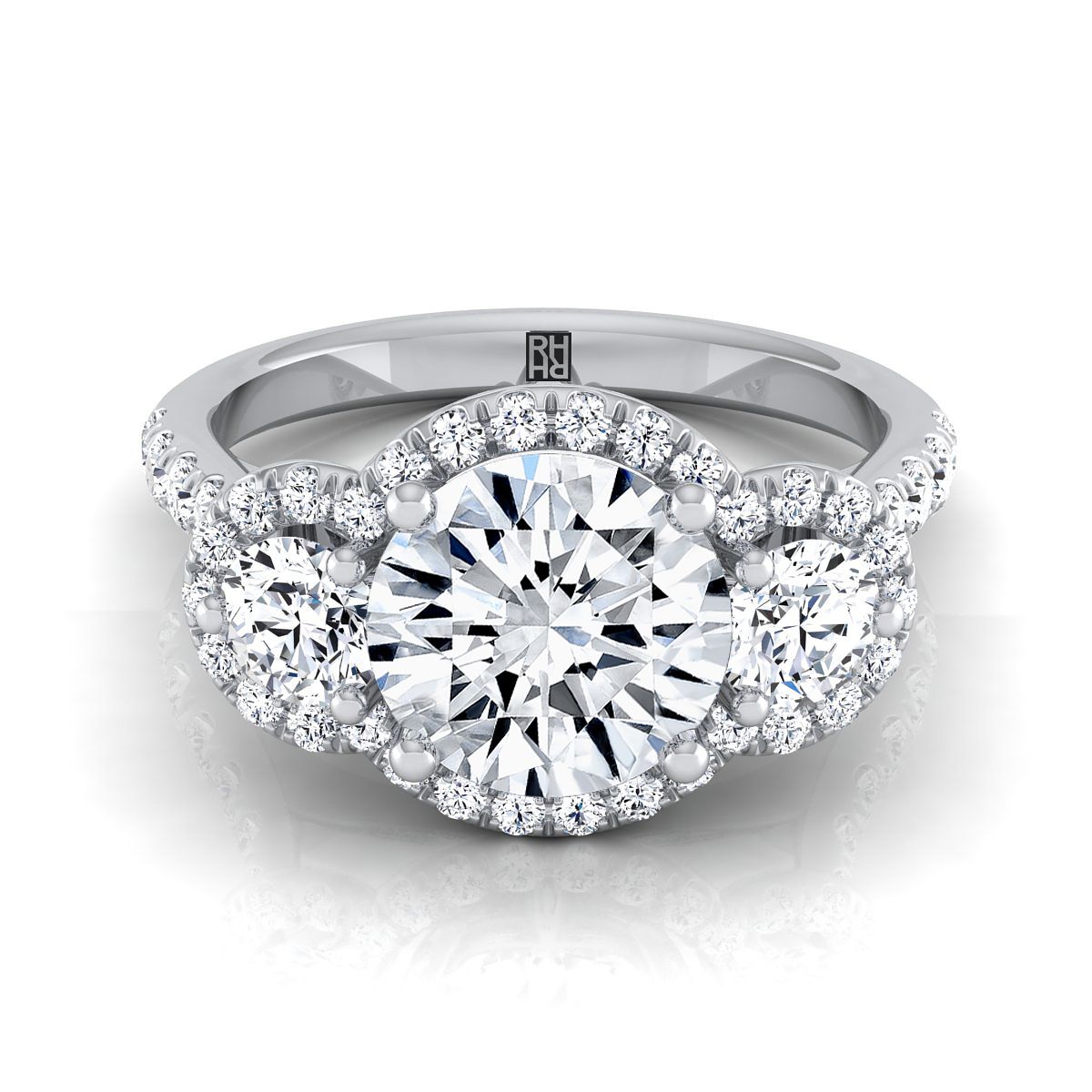 Round Brilliant, Three Stone Halo, in Platinum, pave setting – view 8 | RockHer