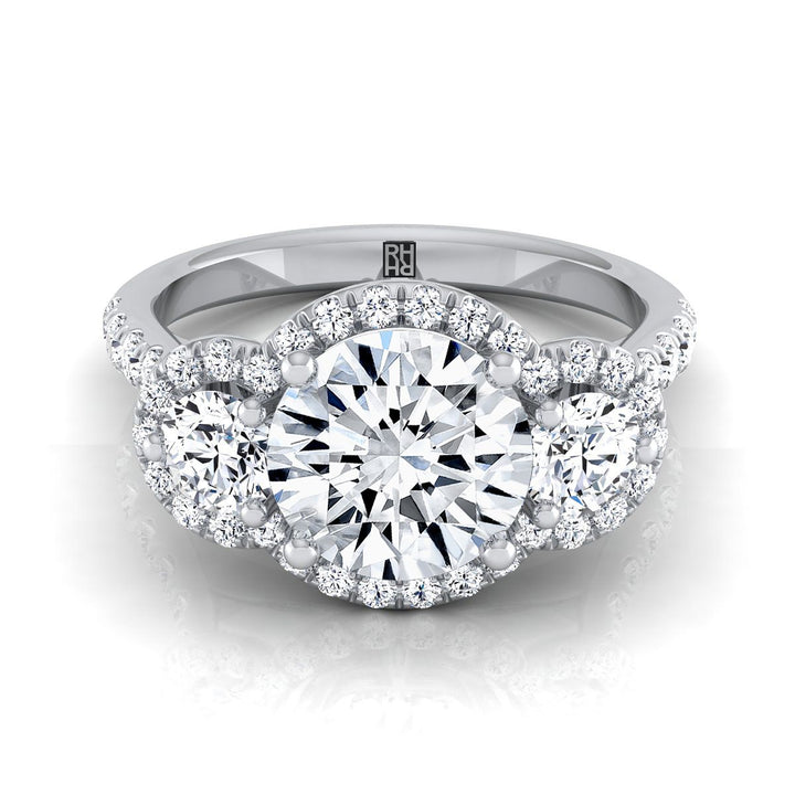 Round Brilliant, Three Stone Halo, in 18K White Gold, pave setting – view 8 | RockHer