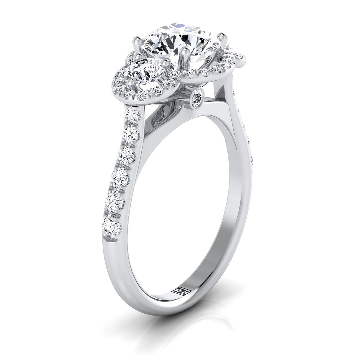 Platinum Round Brilliant Diamond Timeless Three Stone Halo with French Engagement Ring -3/4ctw