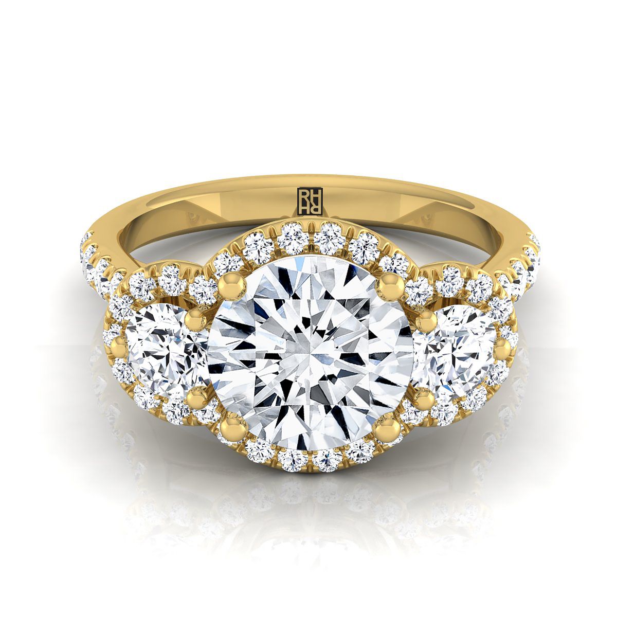 Round Brilliant, Three Stone Halo, in 18K Yellow Gold, pave setting – view 8 | RockHer
