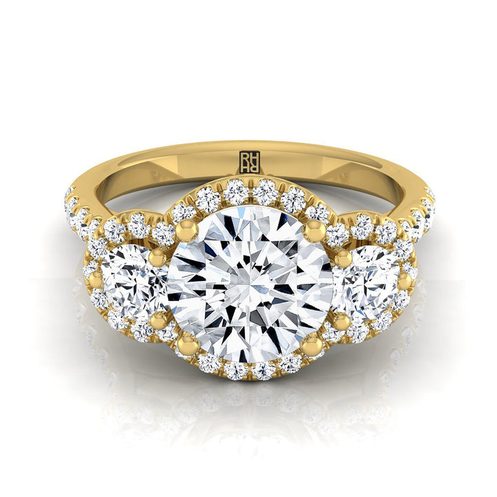 Round Brilliant, Three Stone Halo, in 18K Yellow Gold, pave setting – view 8 | RockHer