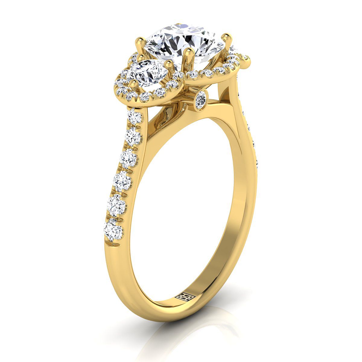 Round Brilliant, Three Stone Halo, in 18K Yellow Gold, pave setting – view 9 | RockHer