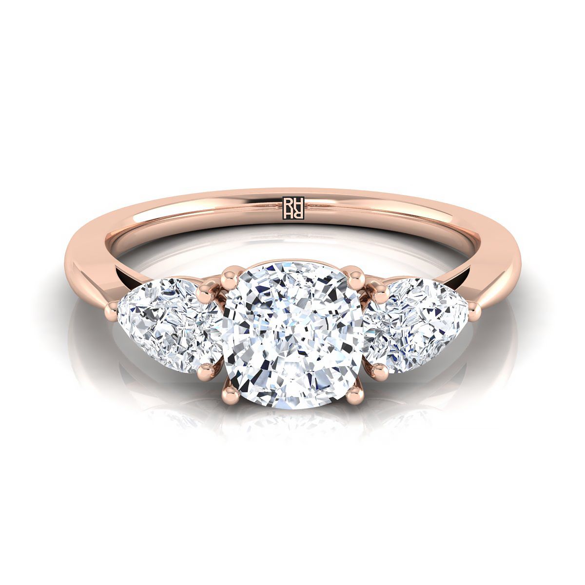 Three Stone Matched Shape Cushion, in 14K Rose Gold, prong setting | RockHer