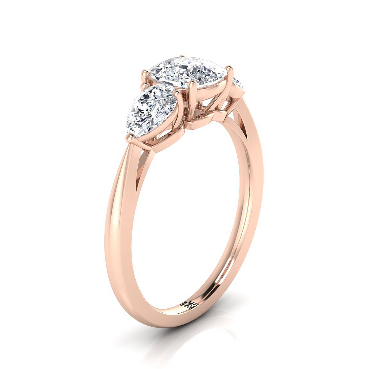 Three Stone Matched Shape Cushion, in 14K Rose Gold, prong setting – side profile | RockHer