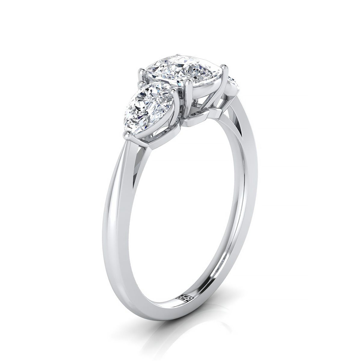 Three Stone Matched Shape Cushion, in 18K White Gold, prong setting – side profile | RockHer